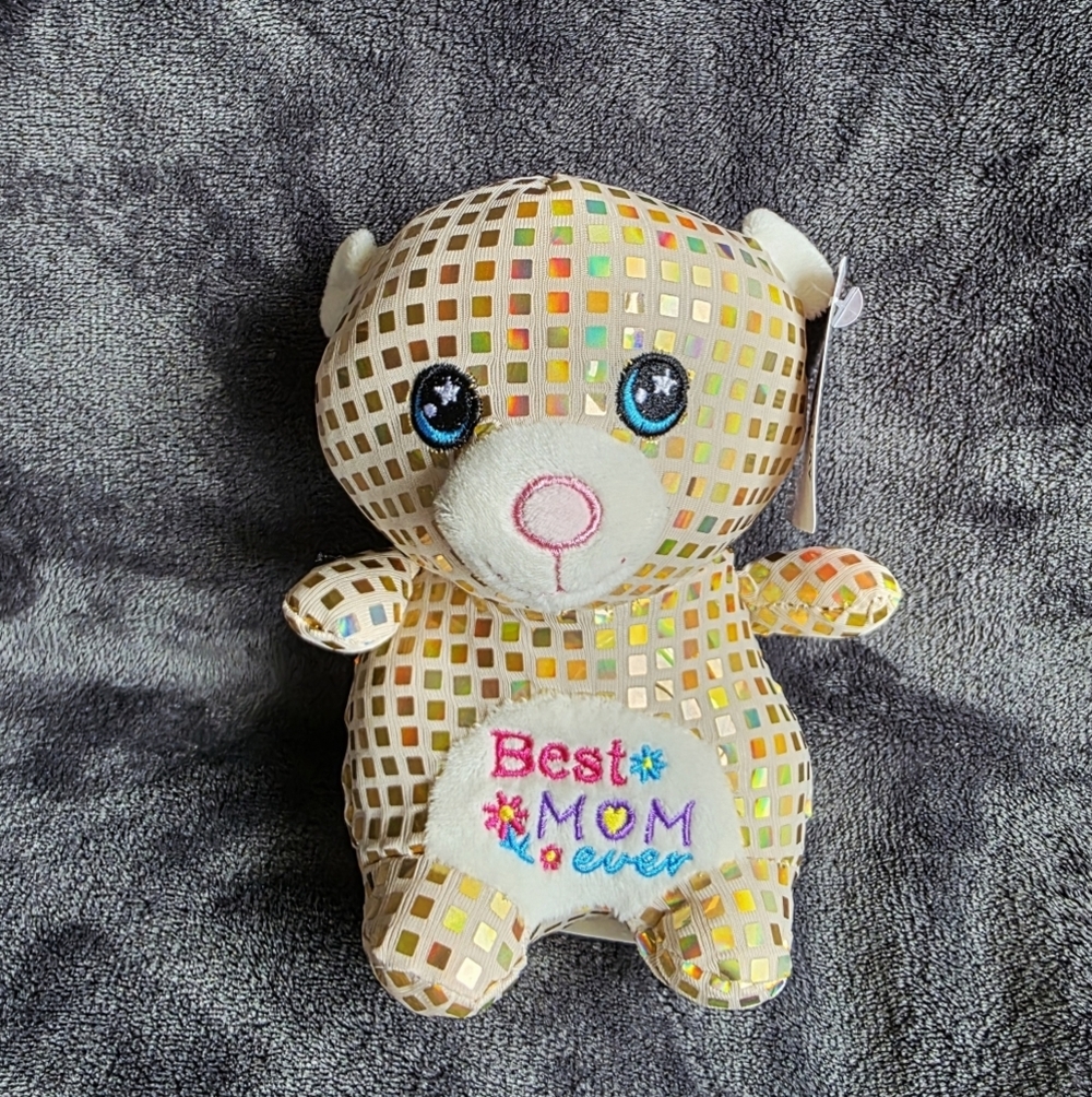 New Mother's Day Small Yellow Disco ball Bear BEST MOM EVER Plush toy, 7 in
